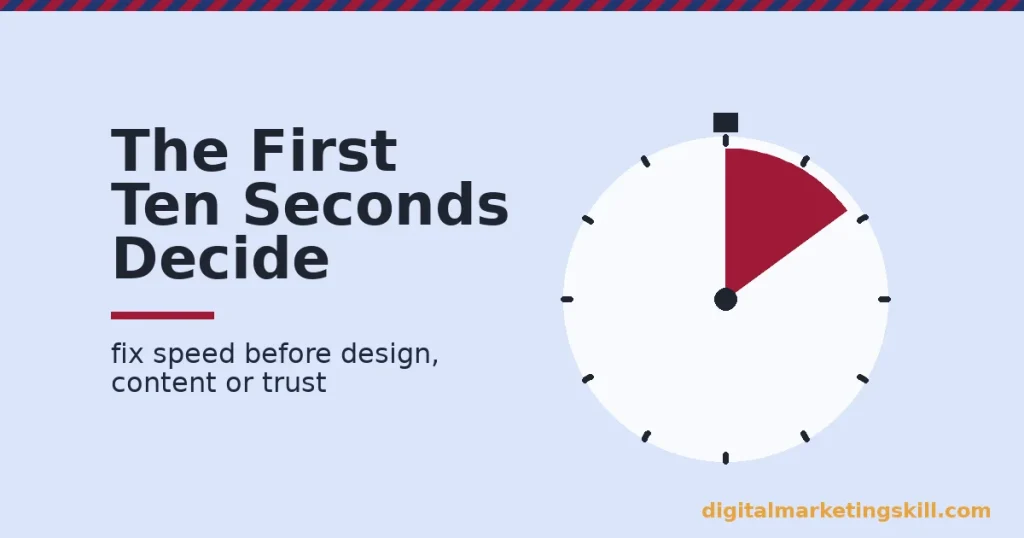 Illustration of a stopwatch with a highlighted first segment, representing how to reduce website bounce rate by winning the first ten seconds