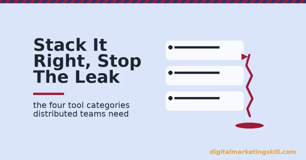 Illustration of a remote work tools stack with one layer leaking, representing wasted SaaS spend