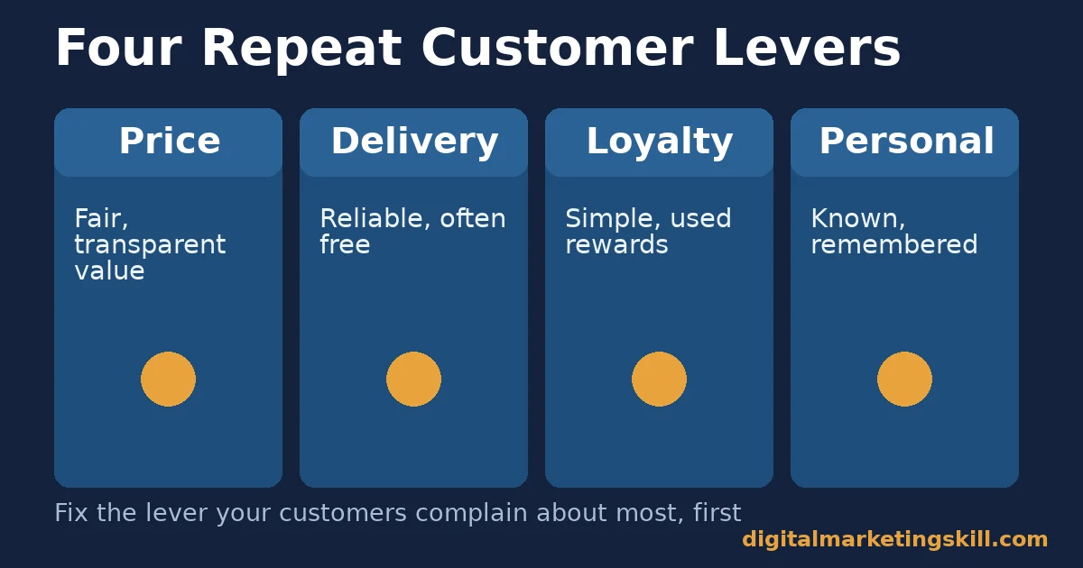 Repeat customer strategies: the four levers Repeat customer strategies shown as four levers: price, delivery, loyalty and personalized service