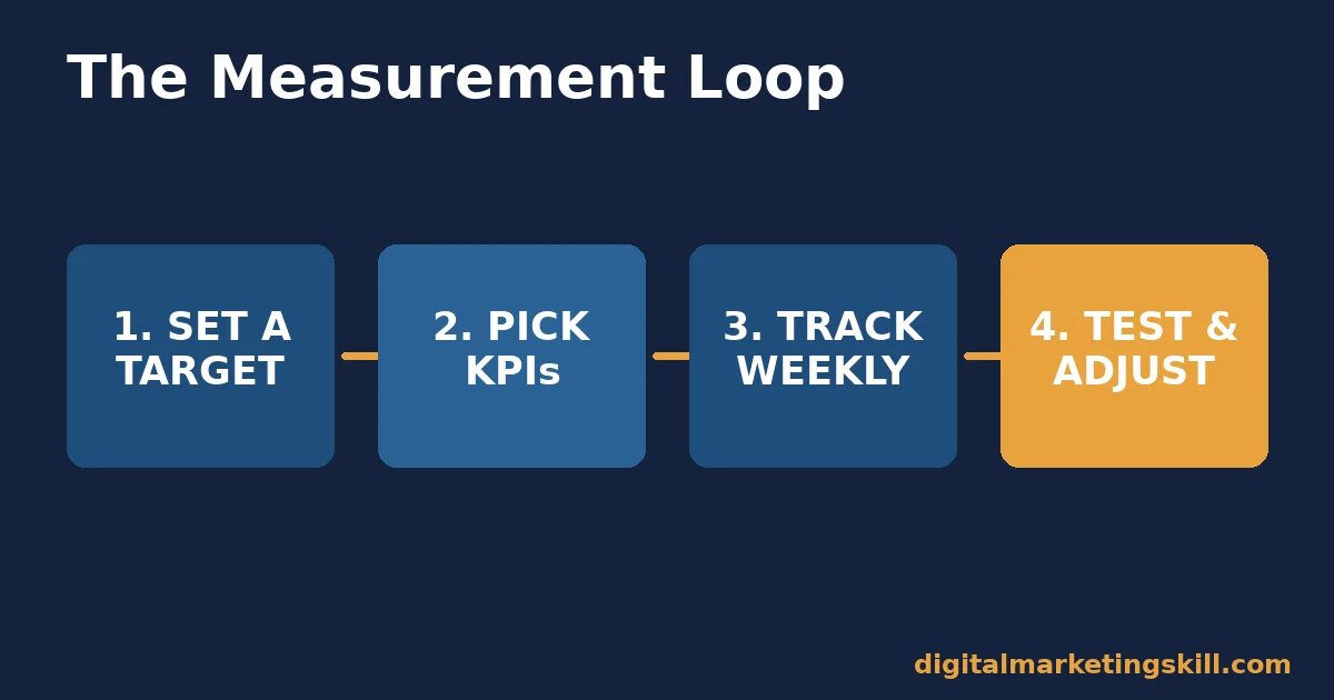 Flow diagram of four steps for measuring ROI in digital marketing: set a target, pick KPIs, track weekly, test and adjust