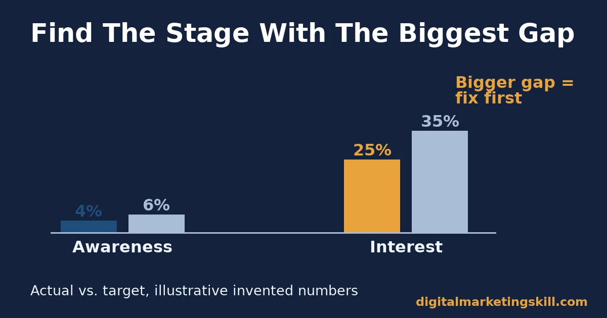 Finding the sales funnel stage with the biggest gap Bar chart comparing actual versus target conversion rate to find which sales funnel stage to fix first