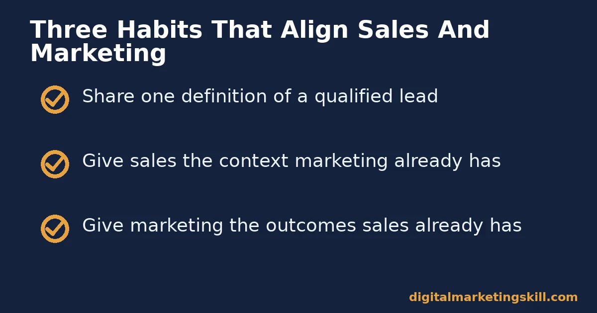 Checklist of three habits for sales vs marketing alignment: shared lead definition, shared context, shared outcomes