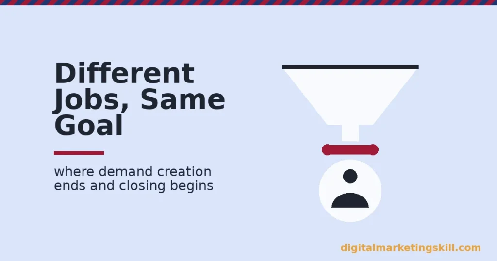 Wide funnel narrowing through a crimson handoff into a single buyer, illustrating sales vs marketing as a handoff not a rivalry
