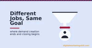 Wide funnel narrowing through a crimson handoff into a single buyer, illustrating sales vs marketing as a handoff not a rivalry