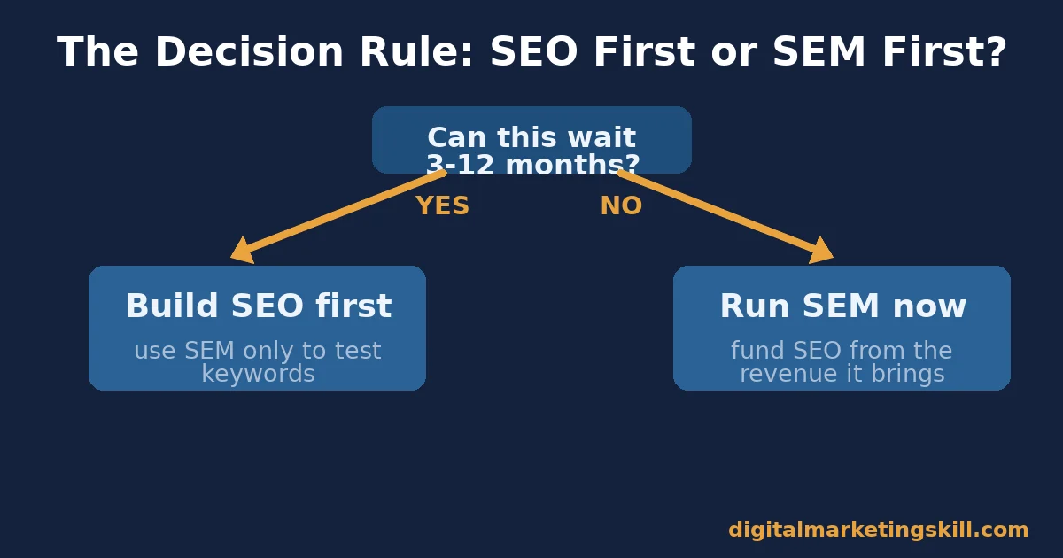 SEM and SEO: The Decision Rule Flowchart Flowchart for choosing between SEM and SEO based on whether traffic can wait three to twelve months
