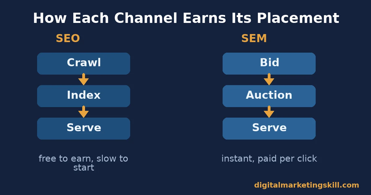 SEM and SEO: Crawl-Index-Serve vs Bid-Auction-Serve Diagram comparing the SEM and SEO process: SEO's crawl, index, serve stages next to SEM's bid, auction, serve stages