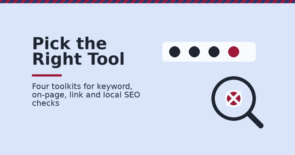 SEO Chrome extensions shown as a browser toolbar with a magnifying glass flagging one risky icon in crimson