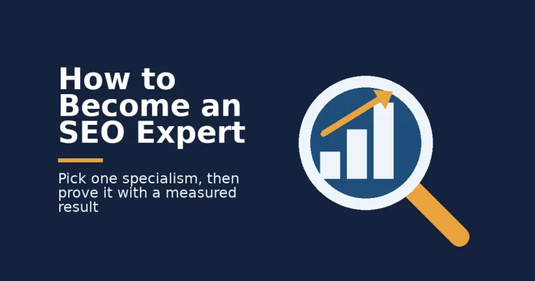 SEO expert guide cover: a magnifying glass over a rising bar chart