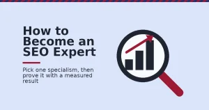 SEO expert guide cover: a magnifying glass over a rising bar chart