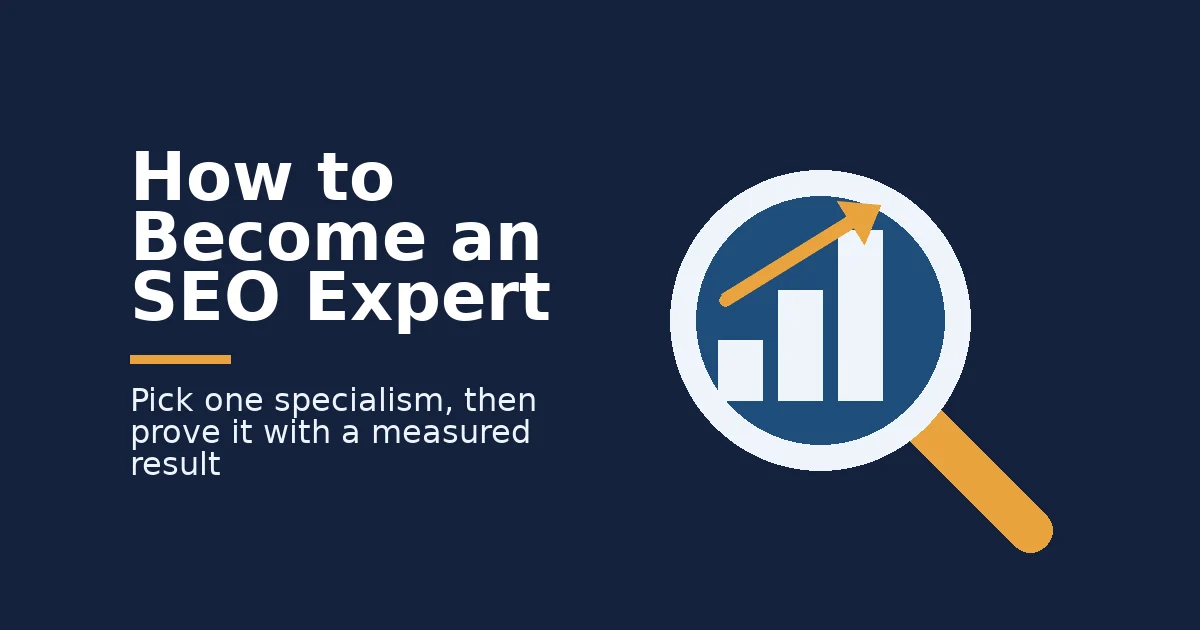 SEO expert guide cover: a magnifying glass over a rising bar chart
