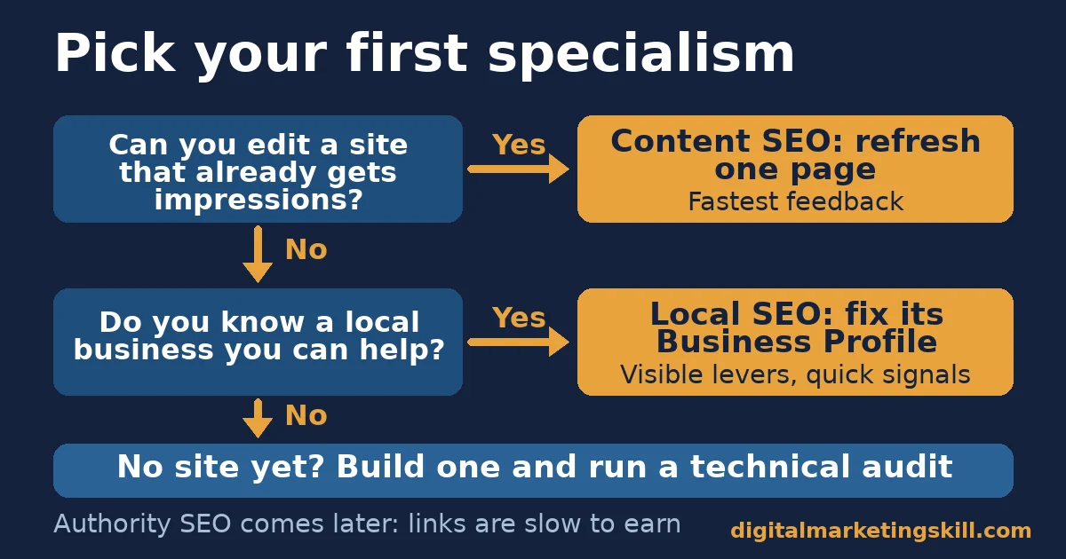 SEO expert first specialism decision flow SEO expert decision flow: refresh a page if you can edit a site with impressions, fix a local Business Profile if you know a local business, otherwise build a site and run a technical audit