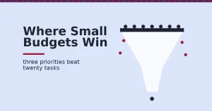 SEO for small businesses shown as a funnel with most entries filtered out in crimson and one dark result passing through to the bottom