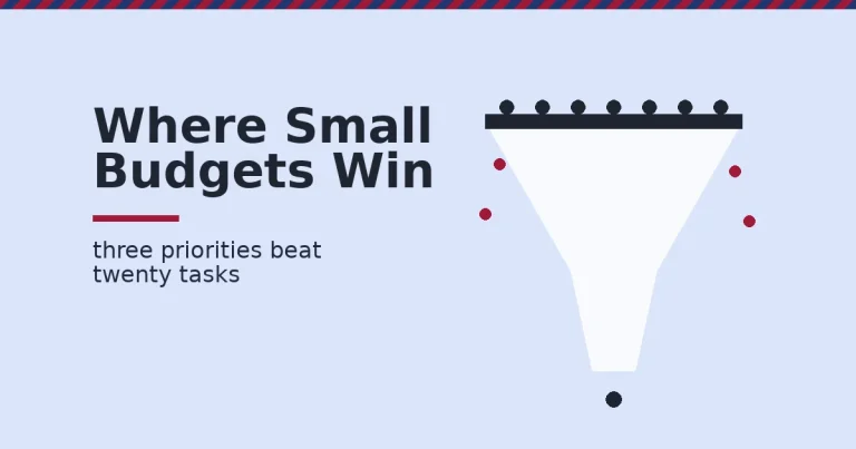 SEO for small businesses shown as a funnel with most entries filtered out in crimson and one dark result passing through to the bottom