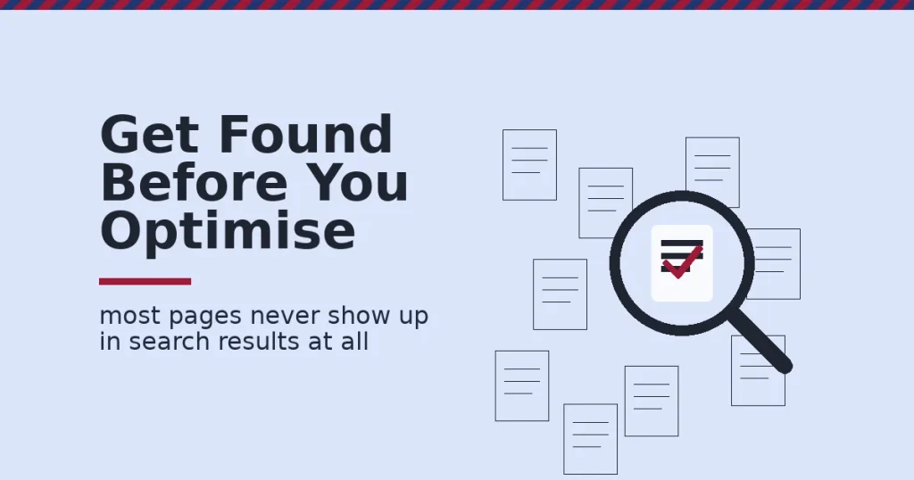 SEO tips for beginners shown as a magnifying glass finding one page among many unseen pages scattered around it