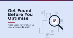 SEO tips for beginners shown as a magnifying glass finding one page among many unseen pages scattered around it