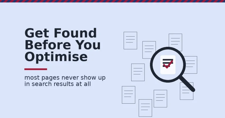 SEO tips for beginners shown as a magnifying glass finding one page among many unseen pages scattered around it