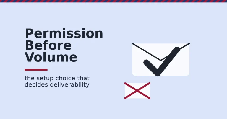 A white envelope with a dark checkmark passing through, next to a rejected envelope marked with a crimson X, illustrating how to setup email newsletters on permission
