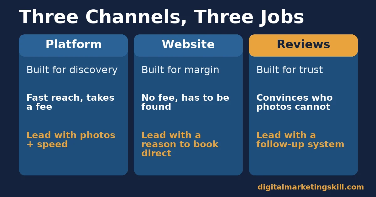 Three-column comparison of platform listings, direct website and reviews and what each is built to do in short-term rental marketing