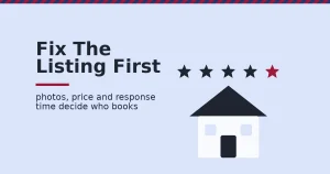 A house below a row of five review stars, one star in crimson, illustrating short-term rental marketing and the importance of reviews