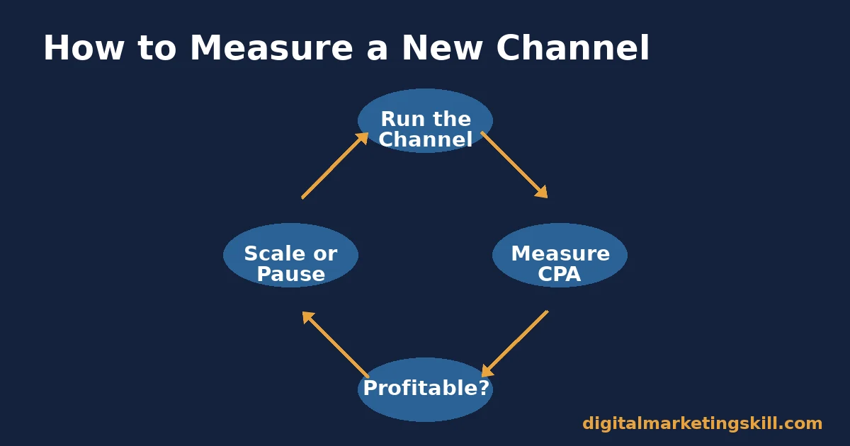 Small business digital marketing measurement loop: run the channel, measure CPA, ask if it is profitable, then scale or pause