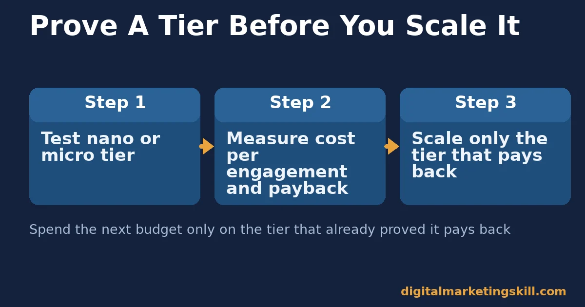Small business influencer marketing three-step flow: test a nano or micro tier, measure cost per engagement and payback, then scale the tier that pays back