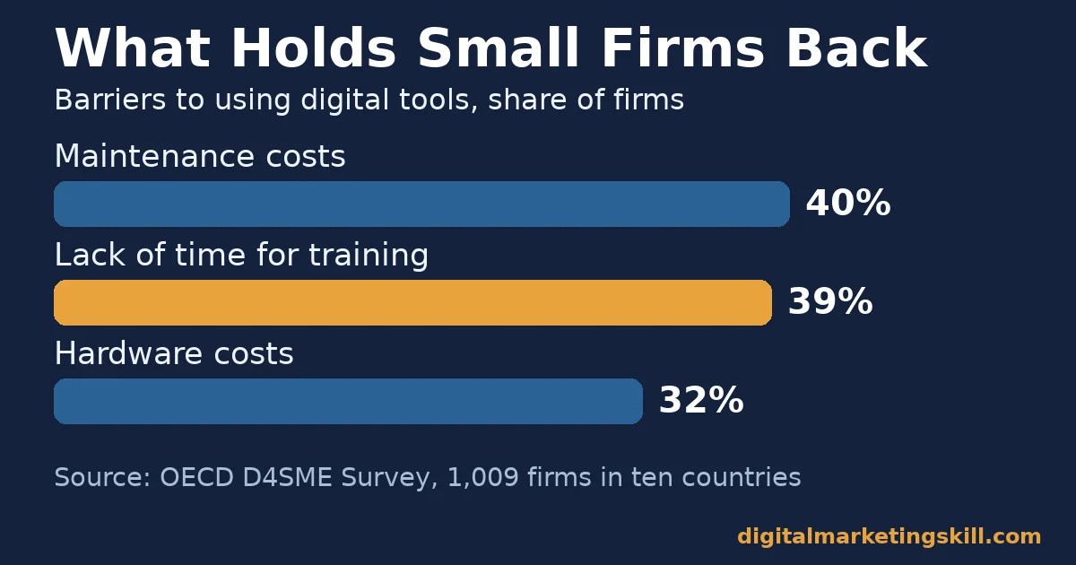 Small business marketing apps barriers chart: maintenance costs 40%, lack of time for training 39%, hardware costs 32% of firms in the OECD survey