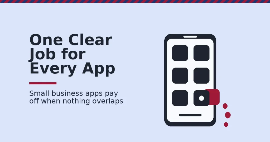 Small business marketing apps shown as a phone of app tiles with one red duplicate tile slipping out and leaking cost