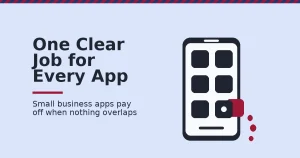 Small business marketing apps shown as a phone of app tiles with one red duplicate tile slipping out and leaking cost