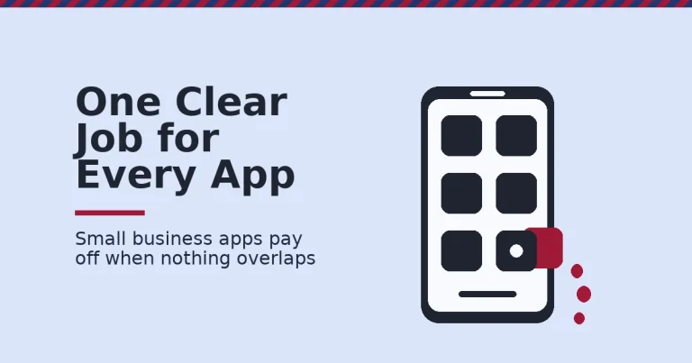 Small business marketing apps shown as a phone of app tiles with one red duplicate tile slipping out and leaking cost