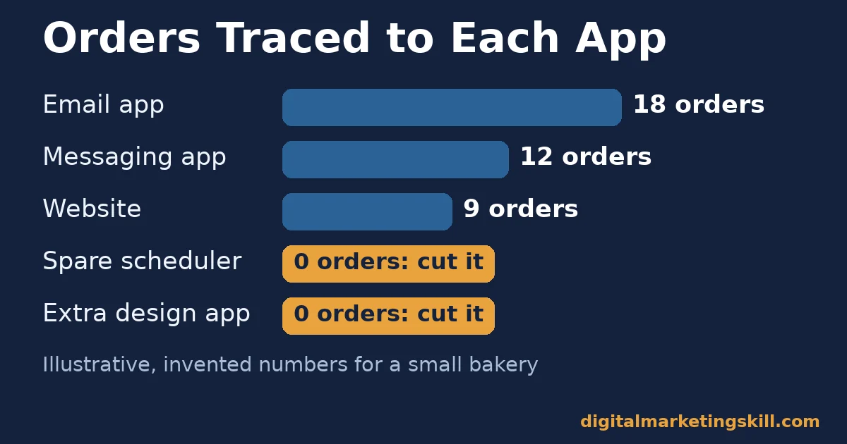Small business marketing apps worked example: email 18 orders, messaging 12, website 9, spare scheduler and extra design app 0, marked illustrative