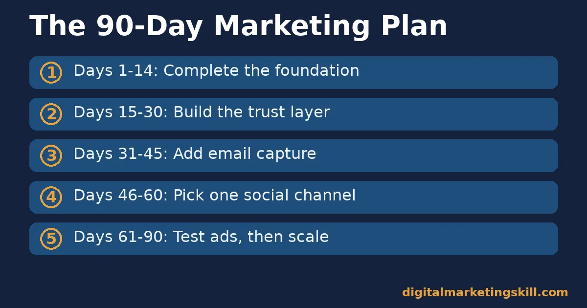 Five-step 90-day timeline for a small business marketing plan covering foundation, trust, email capture, one social channel, then paid ads