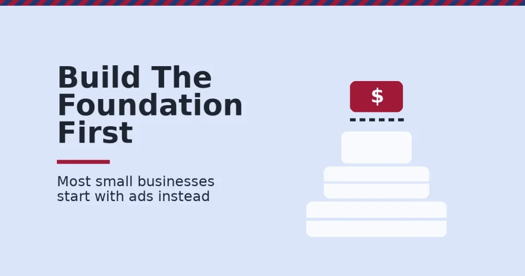 Illustration of a stacked pyramid for a small business marketing plan with a disconnected crimson ad budget block floating above, unsupported