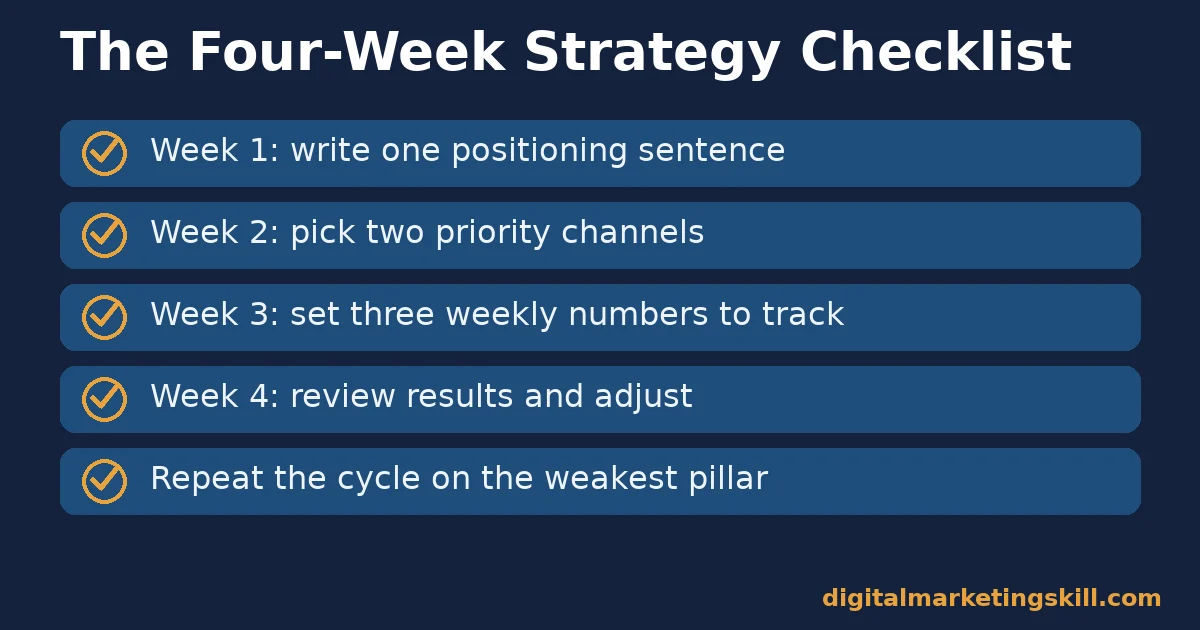 Small business marketing strategy checklist covering four weeks: positioning, channels, measurement and review