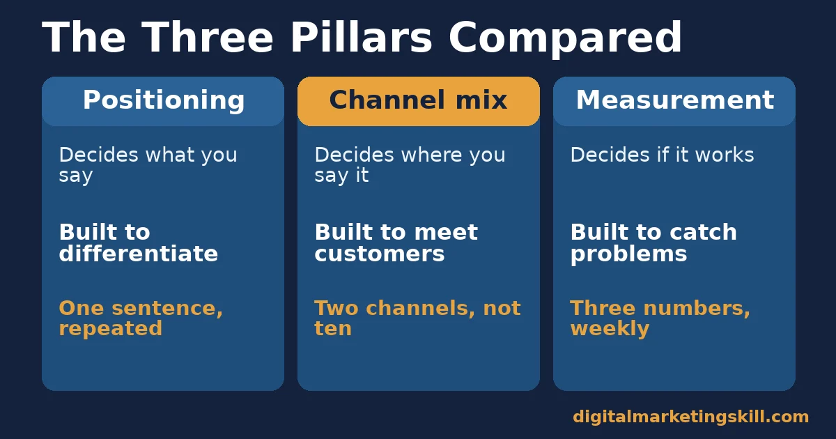 Small business marketing strategy comparison of positioning, channel mix and measurement, and what each one decides