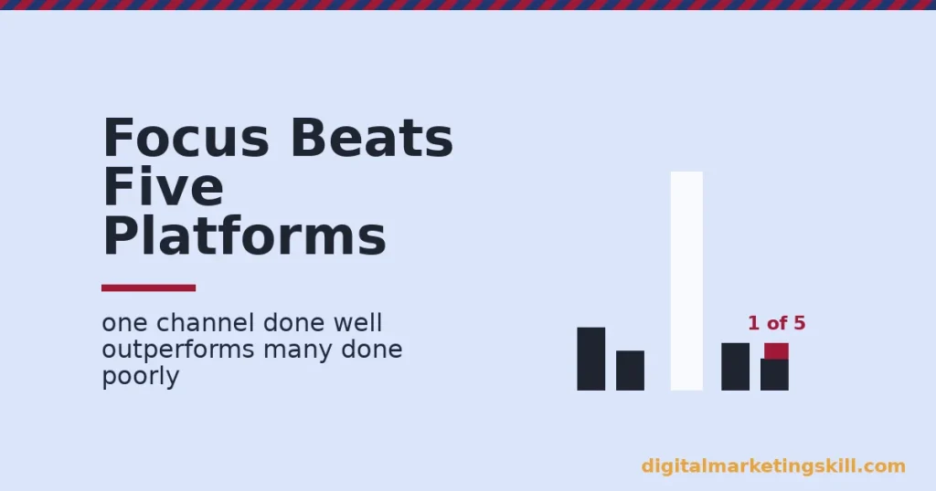 Illustration showing one focused platform outperforming five scattered small business social media efforts