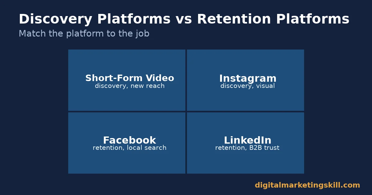 Quadrant diagram for small business social media showing discovery platforms versus retention platforms