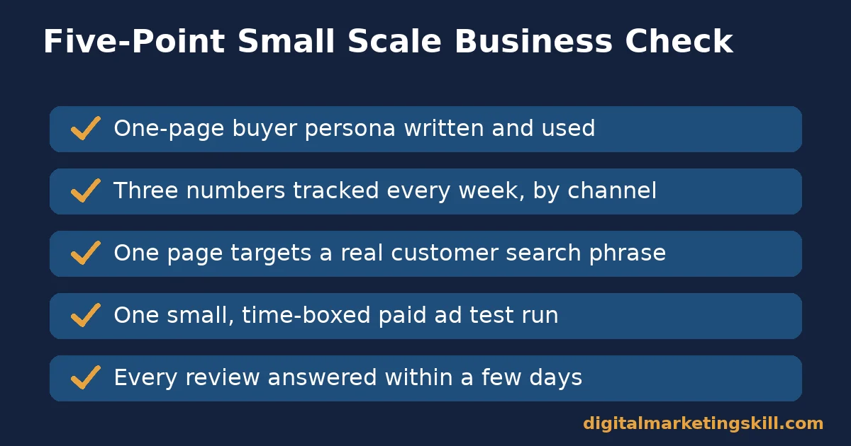 Small scale business five-point marketing check Small scale business checklist with five checks: buyer persona, weekly tracking, SEO target phrase, one paid ad test, and review responses
