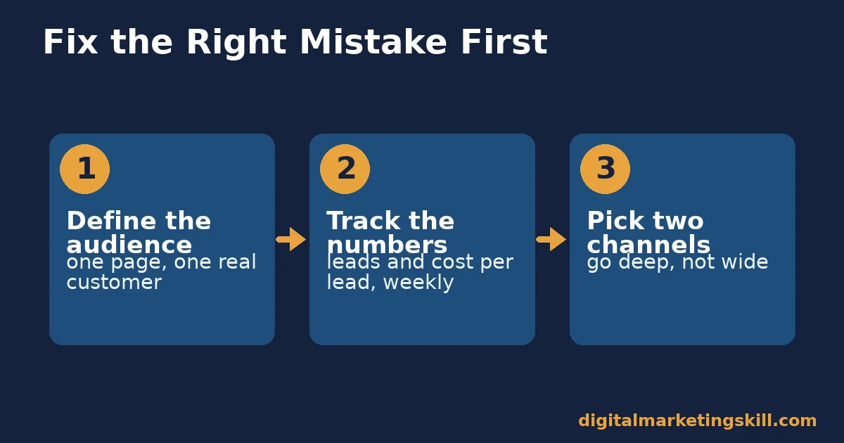 Fix the right small scale business mistake first Small scale business decision flow: define the audience, track the numbers, then pick two channels