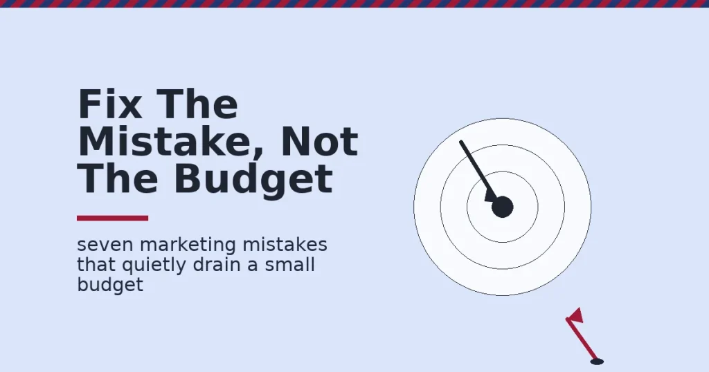 Small scale business marketing shown as a target, with a dart near the center and a crimson dart stuck in the ground missing the board