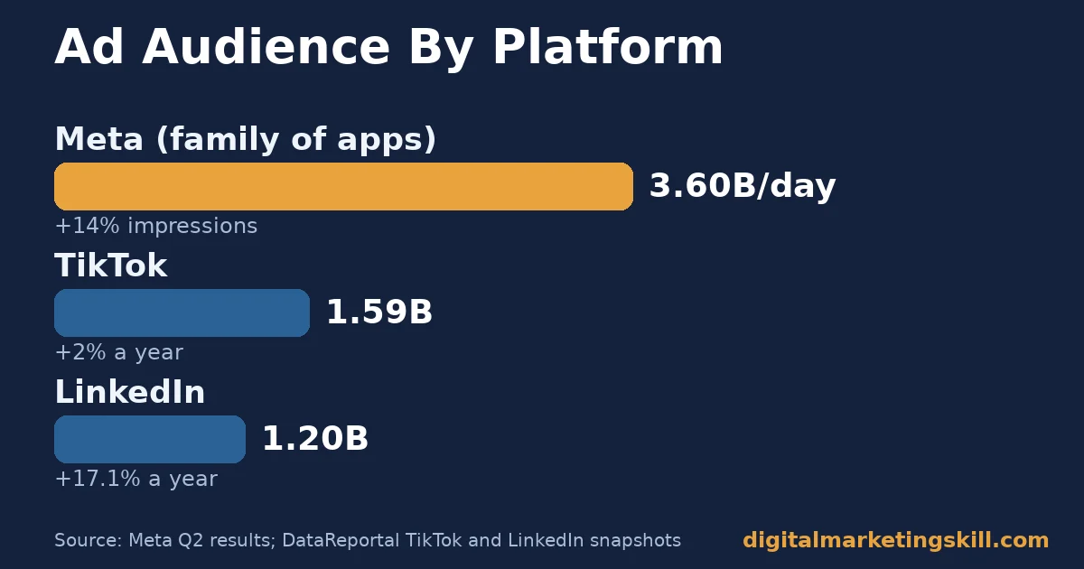 Social media advertising strategy bar chart comparing Meta, TikTok and LinkedIn ad audience size and year over year growth rate
