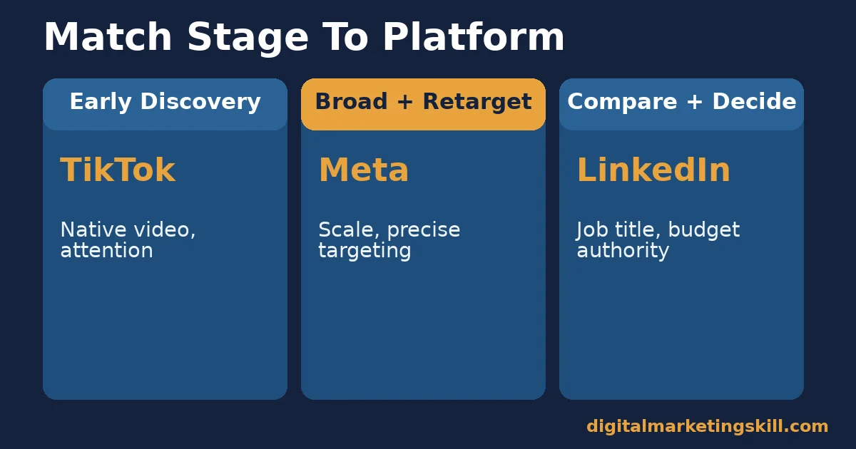 Social media advertising strategy matrix matching early discovery to TikTok, broad reach and retargeting to Meta, and compare and decide to LinkedIn