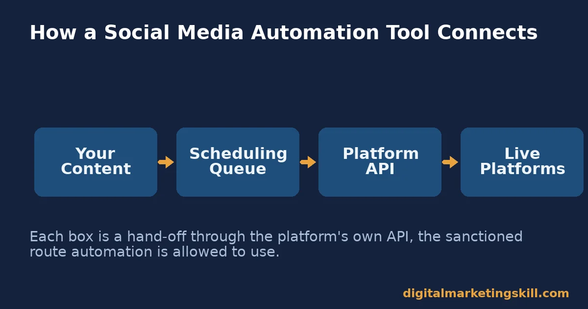Diagram of social media automation tools: content, scheduling queue, platform API, live platforms