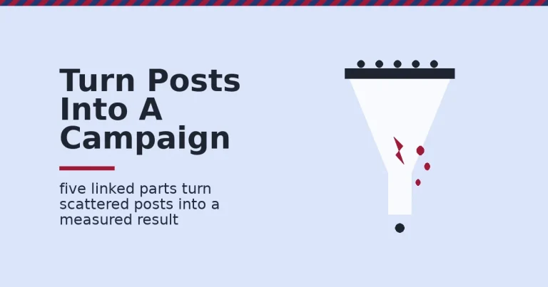 Social media campaign strategies shown as a white funnel leaking crimson conversions through a crack