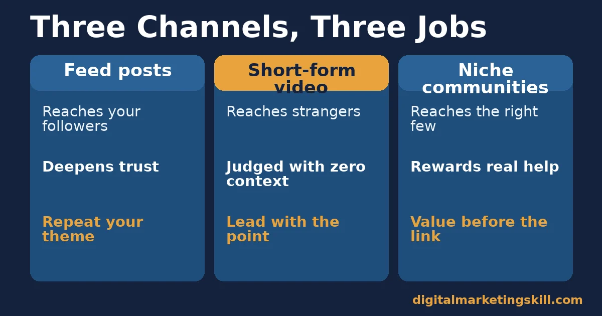 Social media content promotion comparison of feed posts, short-form video and niche communities: who each reaches, what they reward, and the first move for each
