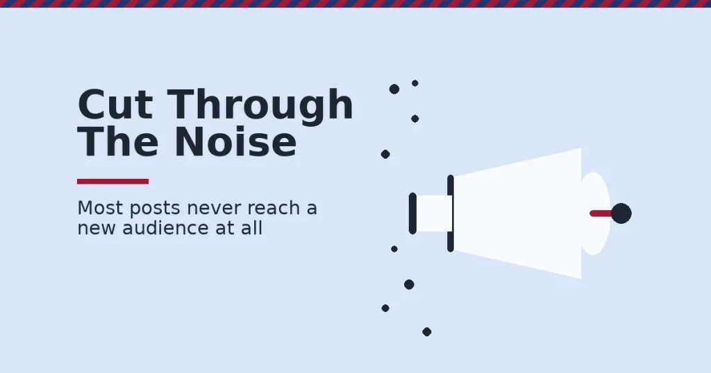 Social media content promotion shown as a megaphone sending one message past scattered dots representing competing posts, reaching a single reader