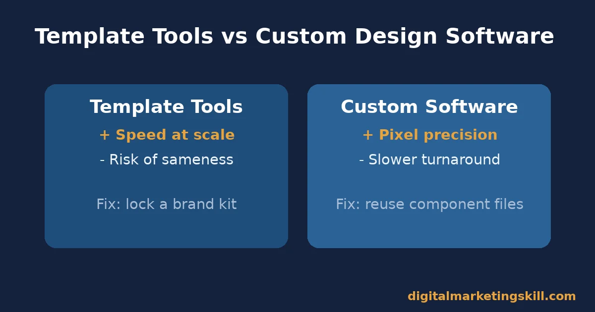 Template Tools vs Custom Design Software Comparison chart of template-based social media graphics tools versus custom design software, strengths and fixes
