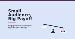 Balance-scale illustration for becoming a social media influencer: many passive followers outweighed by fewer, more engaged followers