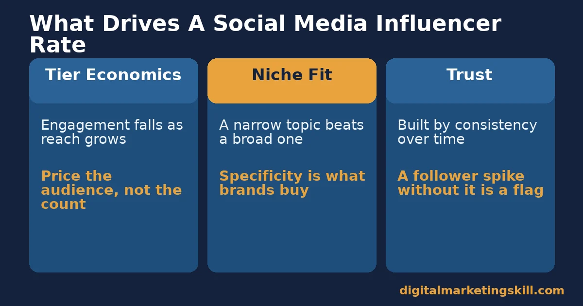 Three-panel diagram showing what drives a social media influencer rate: tier economics, niche fit, and trust