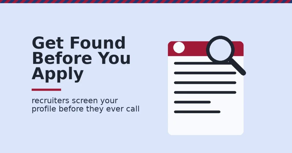 Social media job search shown as a profile card scanned by a magnifying glass, representing recruiter screening
