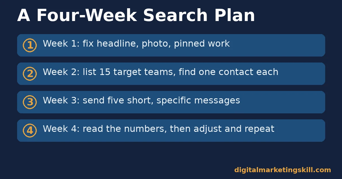 Social media job search four-week plan: fix profile, list targets, send messages, read the numbers